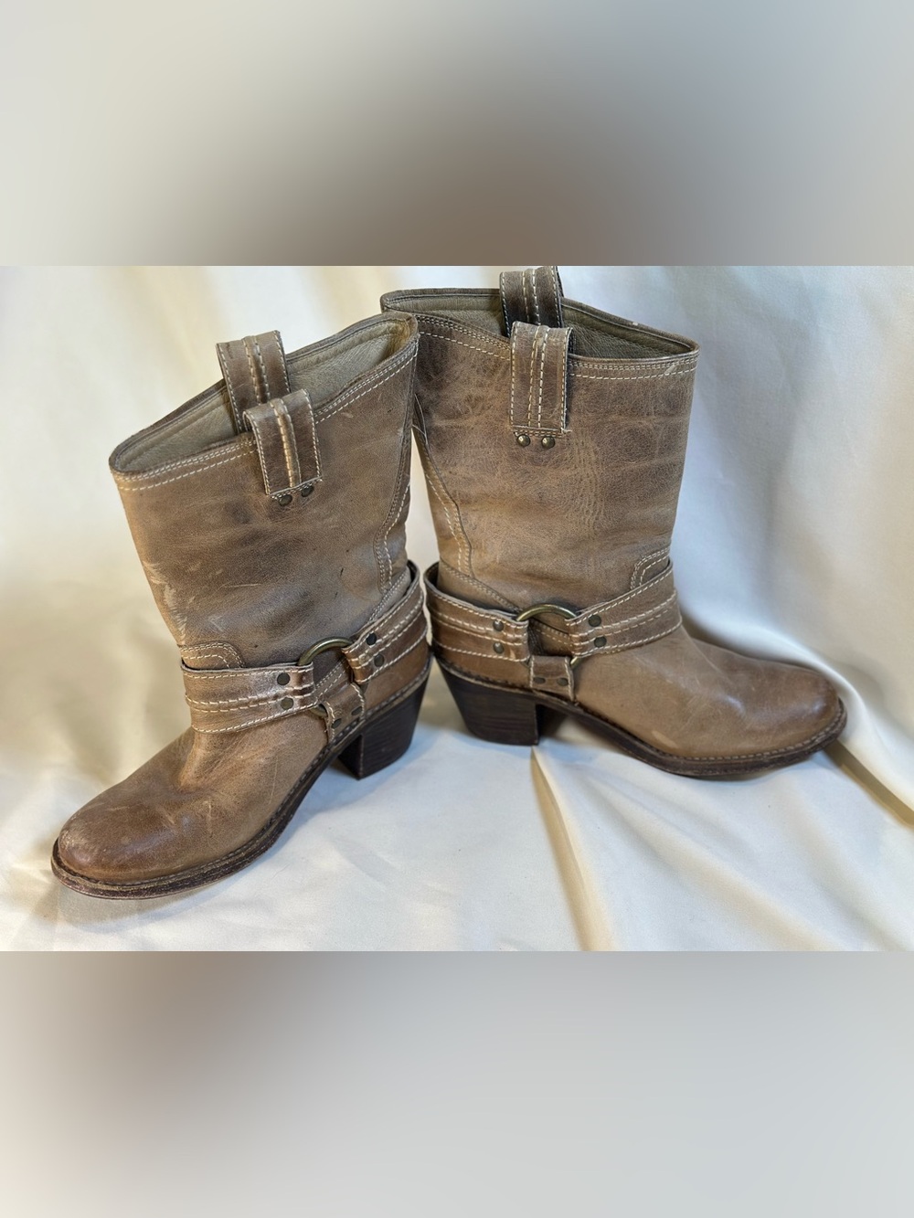 Frye Women's tan Carmen Leather Harness mid calf short Boots 6.5 - Picture 2 of 10